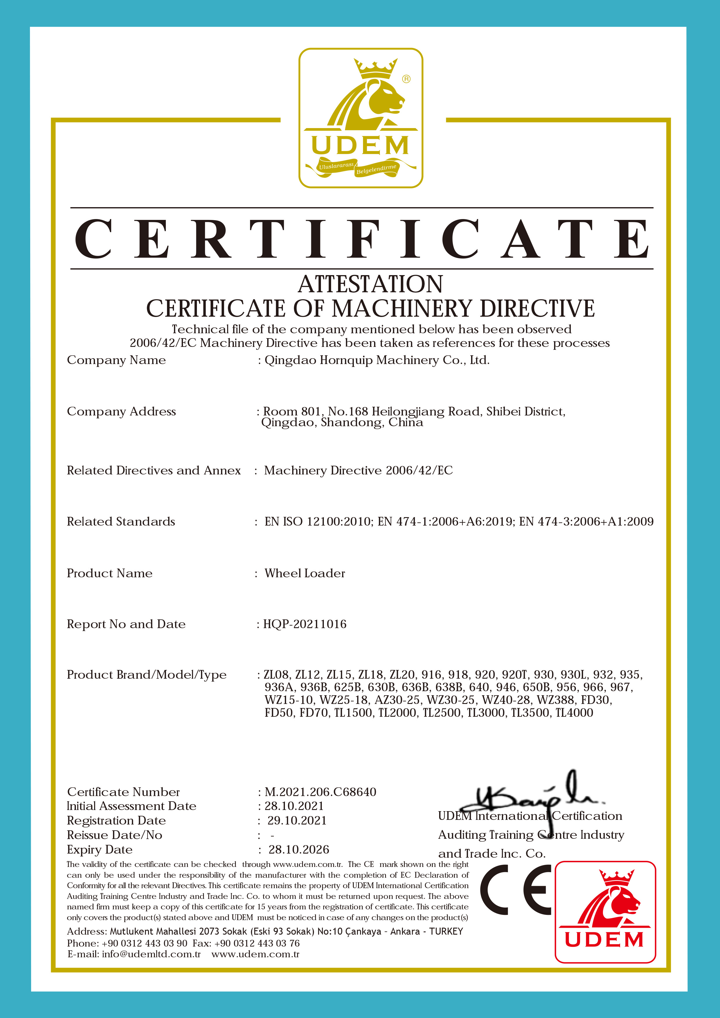 China Qingdao Hornquip Machinery Co., Ltd Certificações